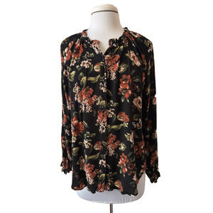 Studio B Womens XL Whimsigoth‎ Floral Peasant Crinkle Long Sleeve Blouse Boho